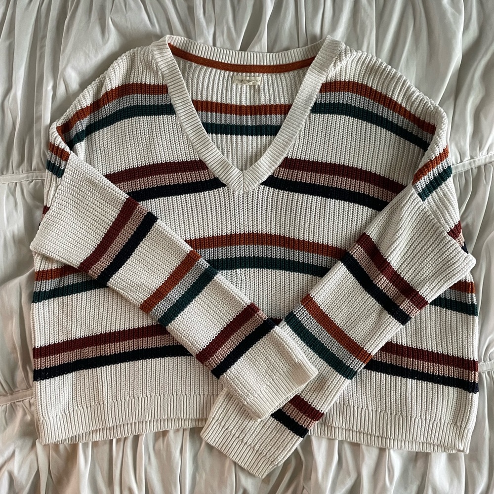 Women’s White with (green,pink,burdgundy) Stripped cropped Knit Sweater